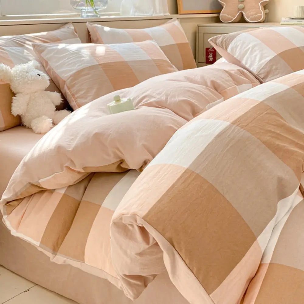 水洗い 綿 ベッドシーツセット（4点セット）ストライプ＆チェック柄 洗濯縮みなし 寝室用 シンプルルームウェア ID1913
