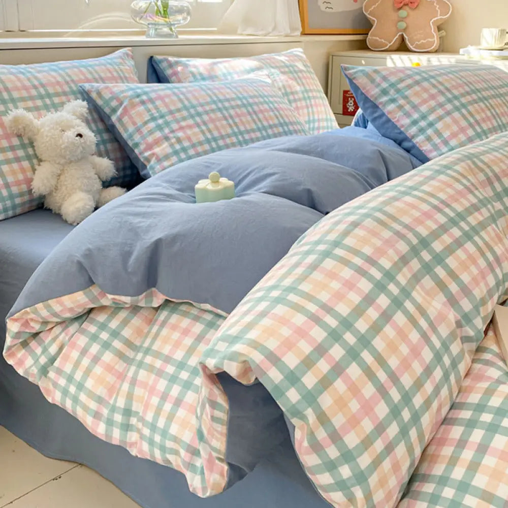 水洗い 綿 ベッドシーツセット（4点セット）ストライプ＆チェック柄 洗濯縮みなし 寝室用 シンプルルームウェア ID1913