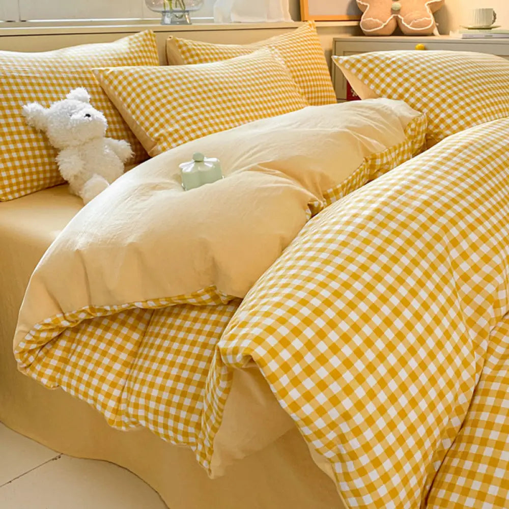 水洗い 綿 ベッドシーツセット（4点セット）ストライプ＆チェック柄 洗濯縮みなし 寝室用 シンプルルームウェア ID1913