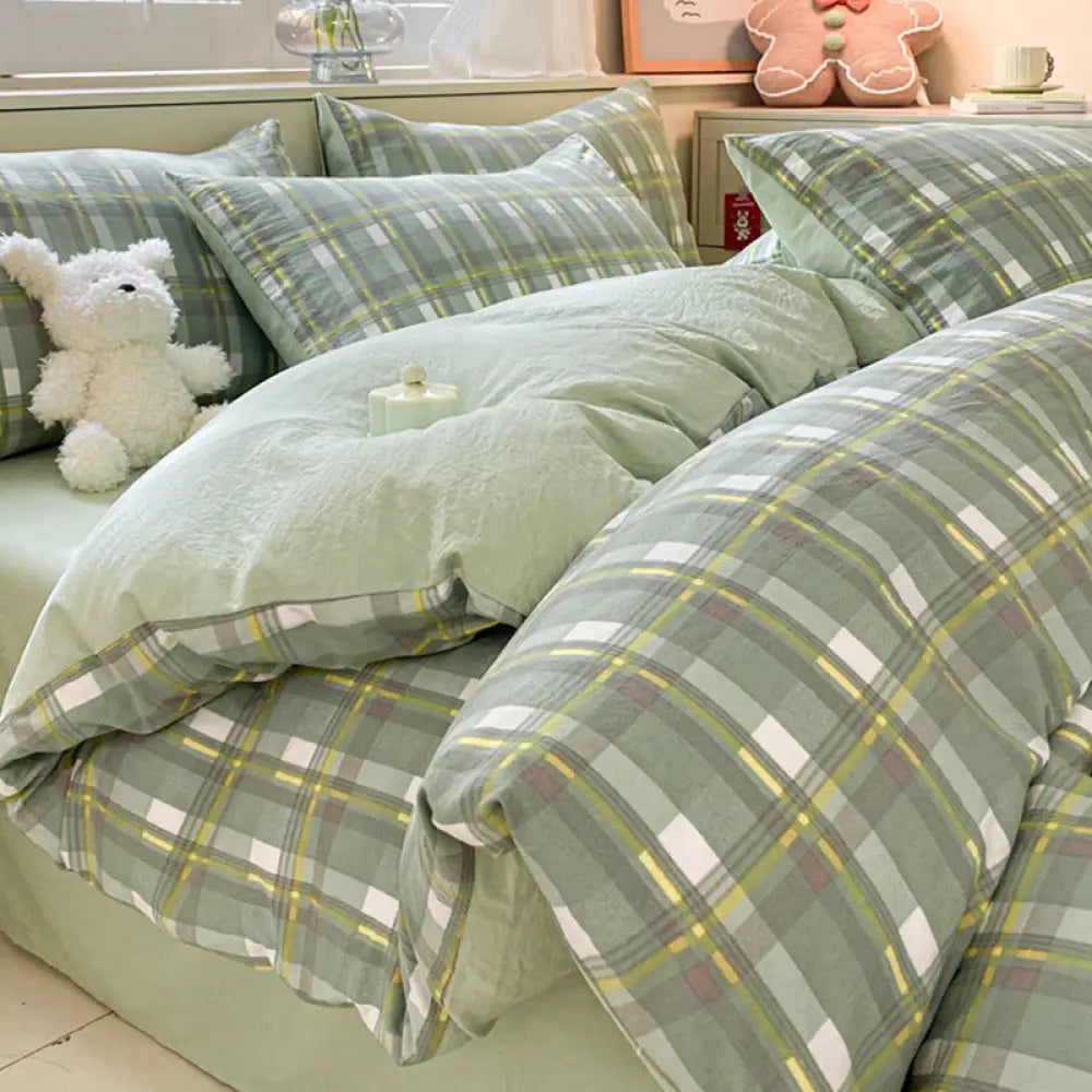 水洗い 綿 ベッドシーツセット（4点セット）ストライプ＆チェック柄 洗濯縮みなし 寝室用 シンプルルームウェア ID1913