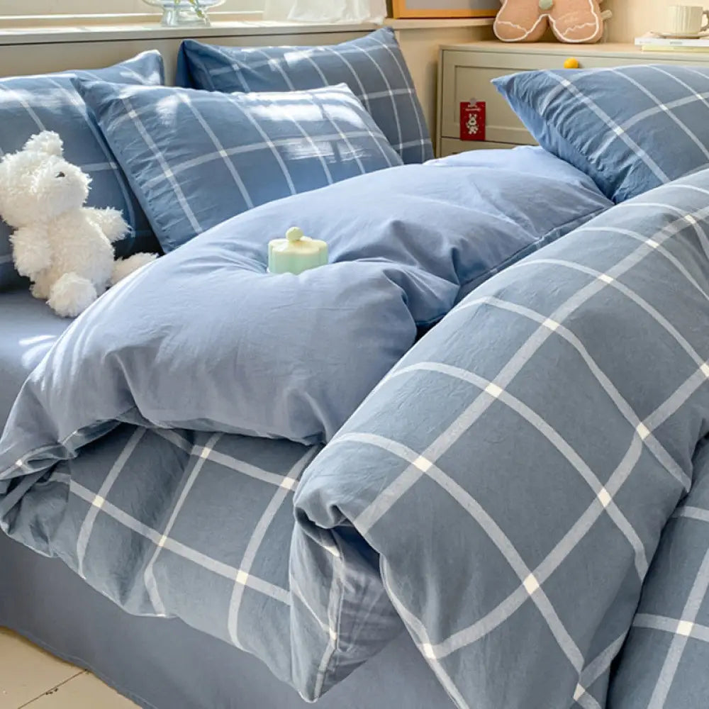 水洗い 綿 ベッドシーツセット（4点セット）ストライプ＆チェック柄 洗濯縮みなし 寝室用 シンプルルームウェア ID1913