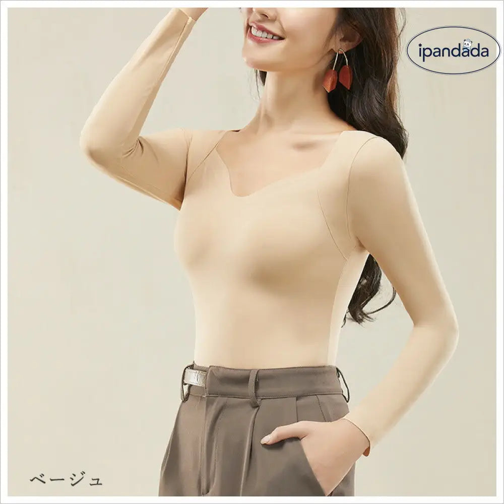 小胸さん専用ブラジャー カップ付き インナー レディース トップス  長袖 秋 冬 シンプル Vネック 無地 重ね着 あったか 保温 ボンディング加工 通勤 日常 伸縮性 柔らかい 肌触り 薄手 ヒアルロン酸 フィット リラックス ID2221