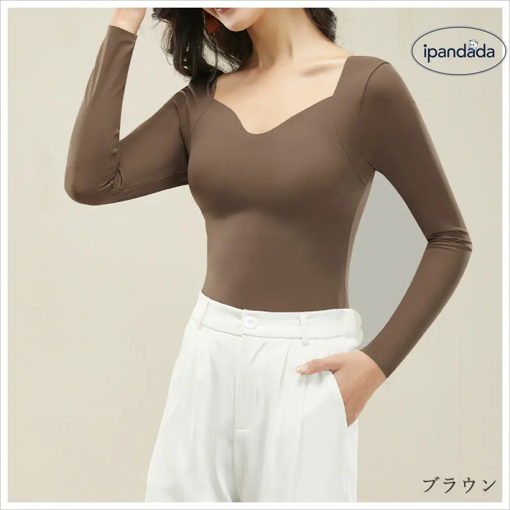 小胸さん専用ブラジャー カップ付き インナー レディース トップス 長袖 秋 冬 シンプル Vネック 無地 重ね着 あったか 保温 ボンディング加工 通勤 日常 伸縮性 柔らかい 肌触り 薄手 ヒアルロン酸 フィット リラックス
