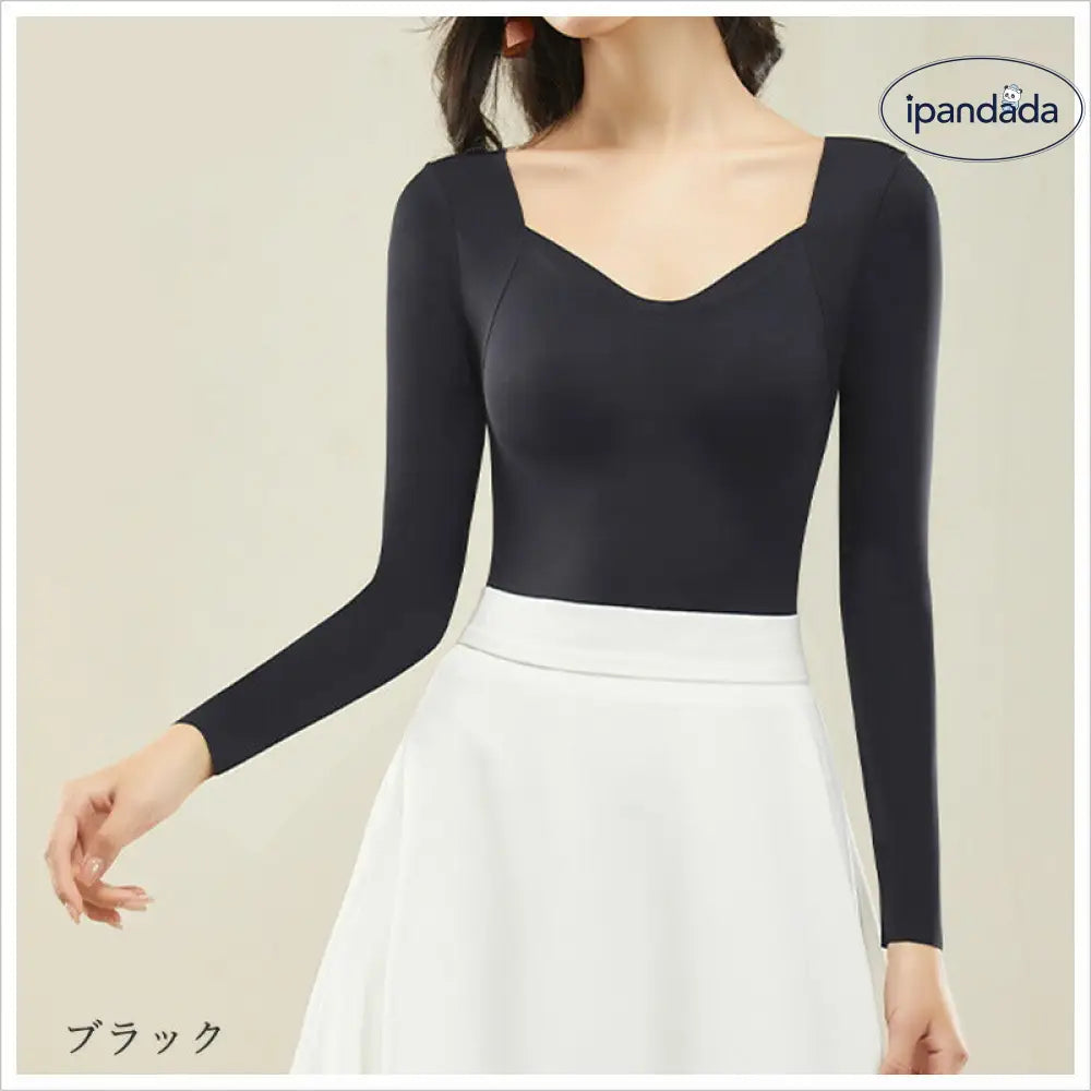 小胸さん専用ブラジャー カップ付き インナー レディース トップス 長袖 秋 冬 シンプル Vネック 無地 重ね着 あったか 保温 ボンディング加工 通勤 日常 伸縮性 柔らかい 肌触り 薄手 ヒアルロン酸 フィット リラックス