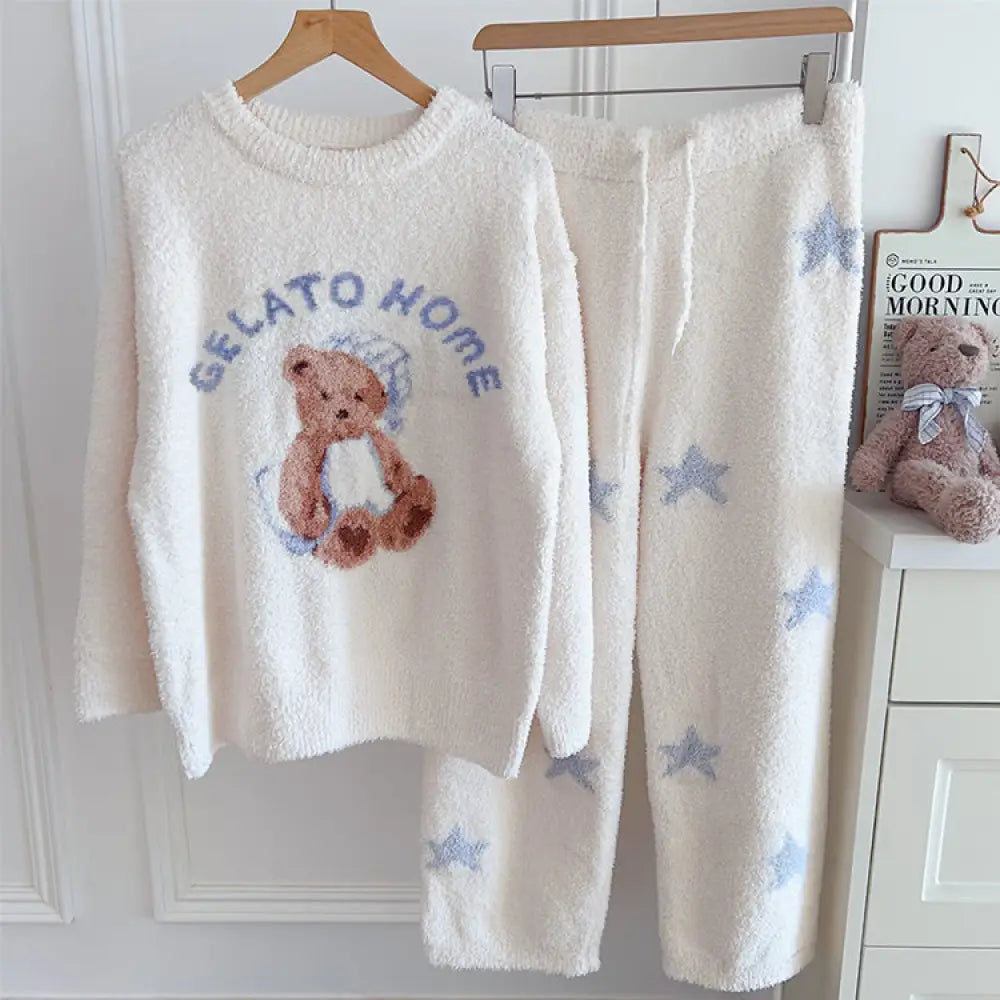 肌にやさしい素材！新作 フリース おやすみ くま 子供 ふわふわ キャラクター ホームウェア パジャマ セット 暖かい 柔らかい 保温 快適 おしゃれ ルームウェア 自宅用 リラックス ID2929 ホワイト / 大人用フリー