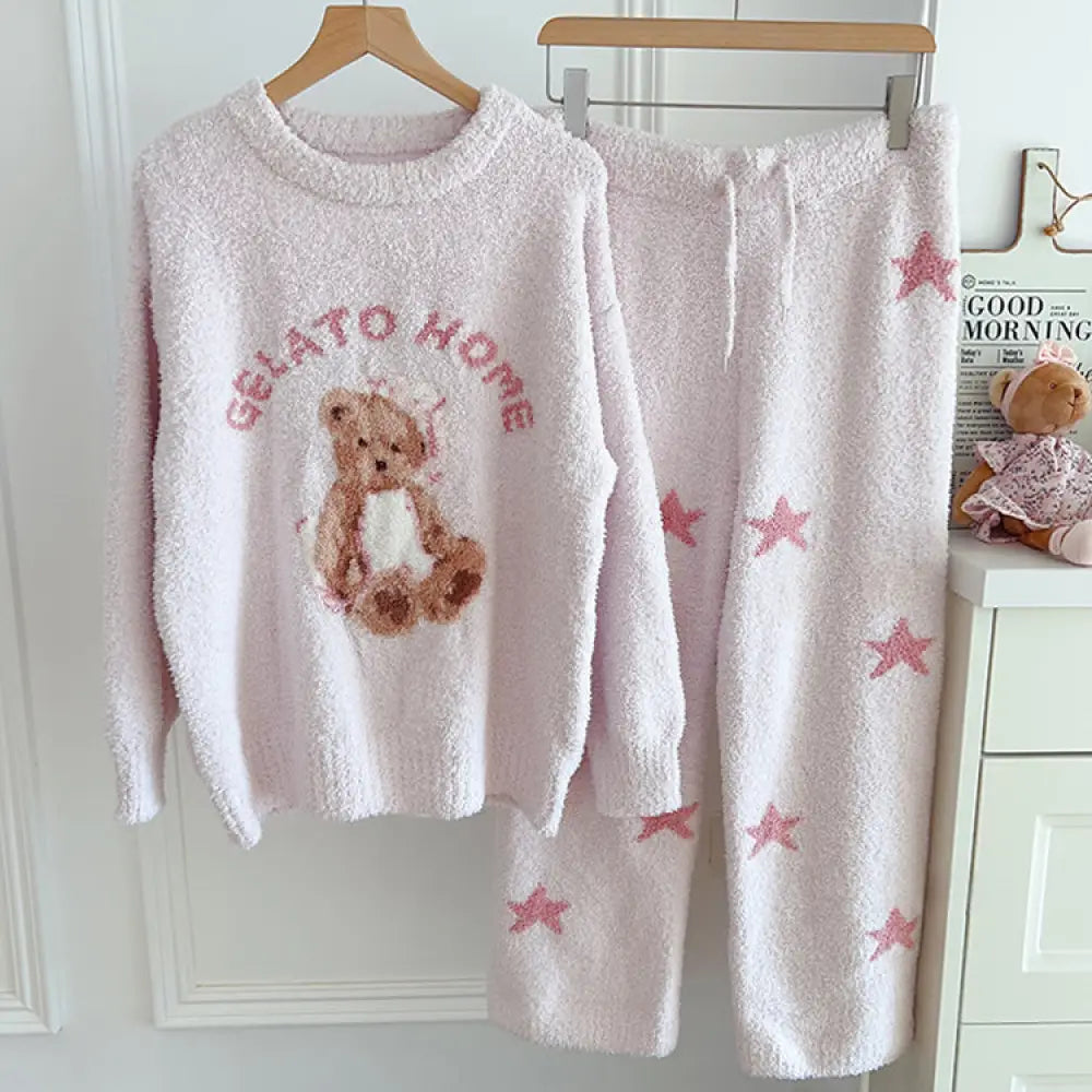 肌にやさしい素材！新作 フリース おやすみ くま 子供 ふわふわ キャラクター ホームウェア パジャマ セット 暖かい 柔らかい 保温 快適 おしゃれ ルームウェア 自宅用 リラックス ID2929 ピンク / 大人用フリー ベビー＆キッズ
