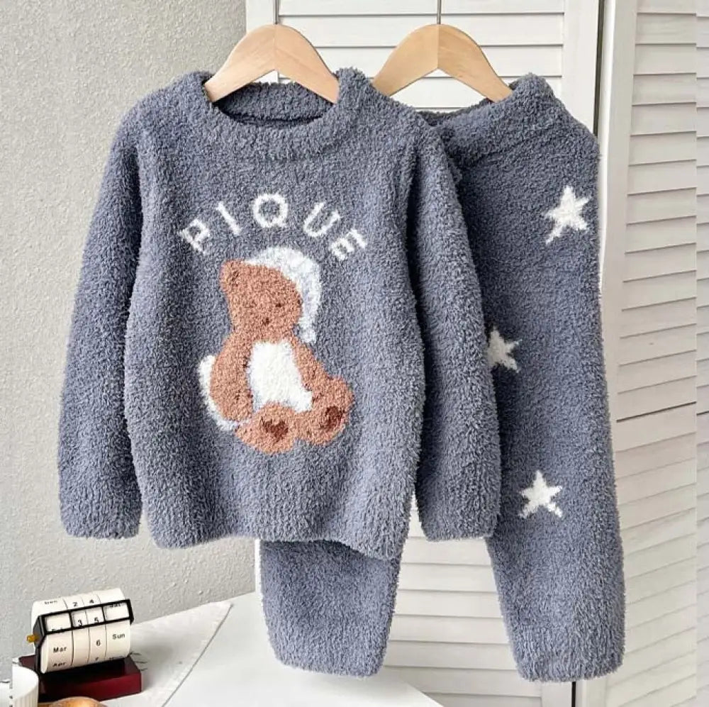 新作 フリース おやすみ くま 子供 レディース カップル ふわふわ キャラクター ホームウェア パジャマ セット 暖かい 柔らかい 保温 快適 おしゃれ ルームウェア 自宅用 リラックス ID2929 グレー / XS ベビー＆キッズ