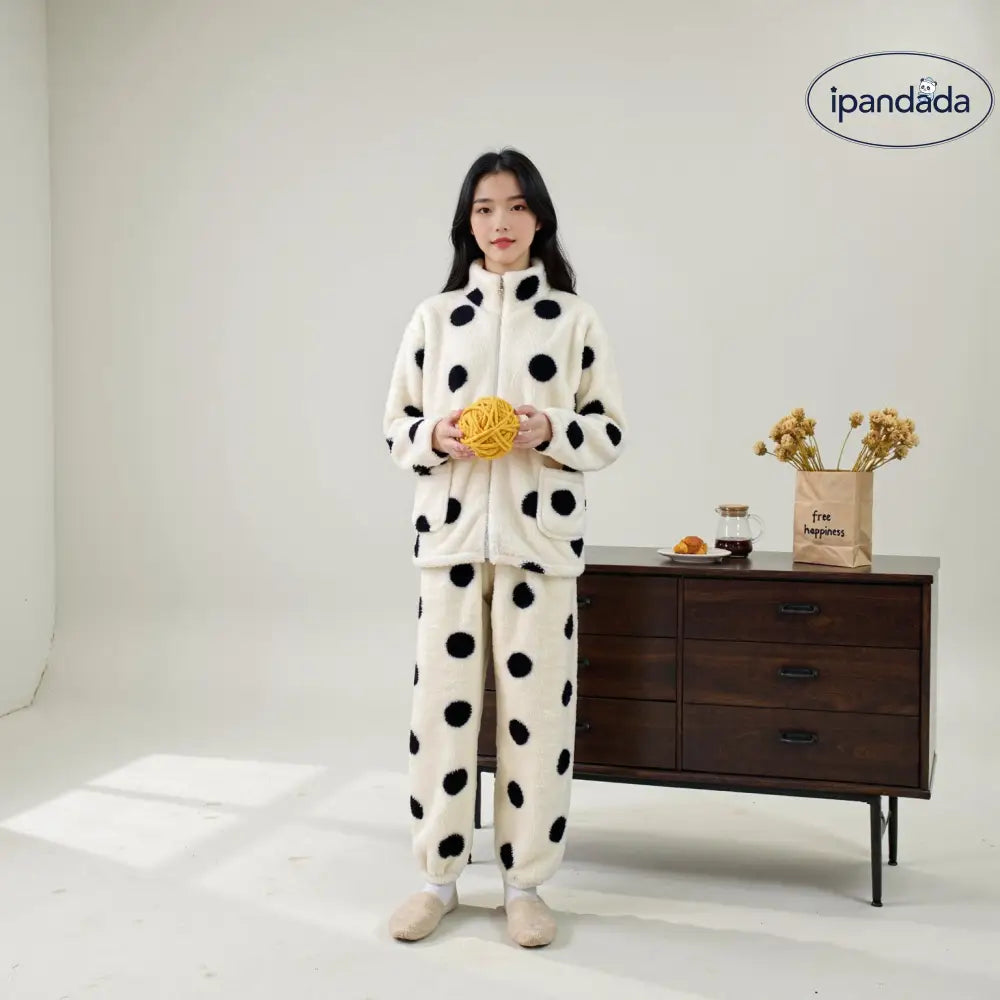 ジッパー パジャマ レディース 秋冬用 コーラルフリース セットアップ ドット柄 ショート丈 2点セット カップル ルームウェア ID2580