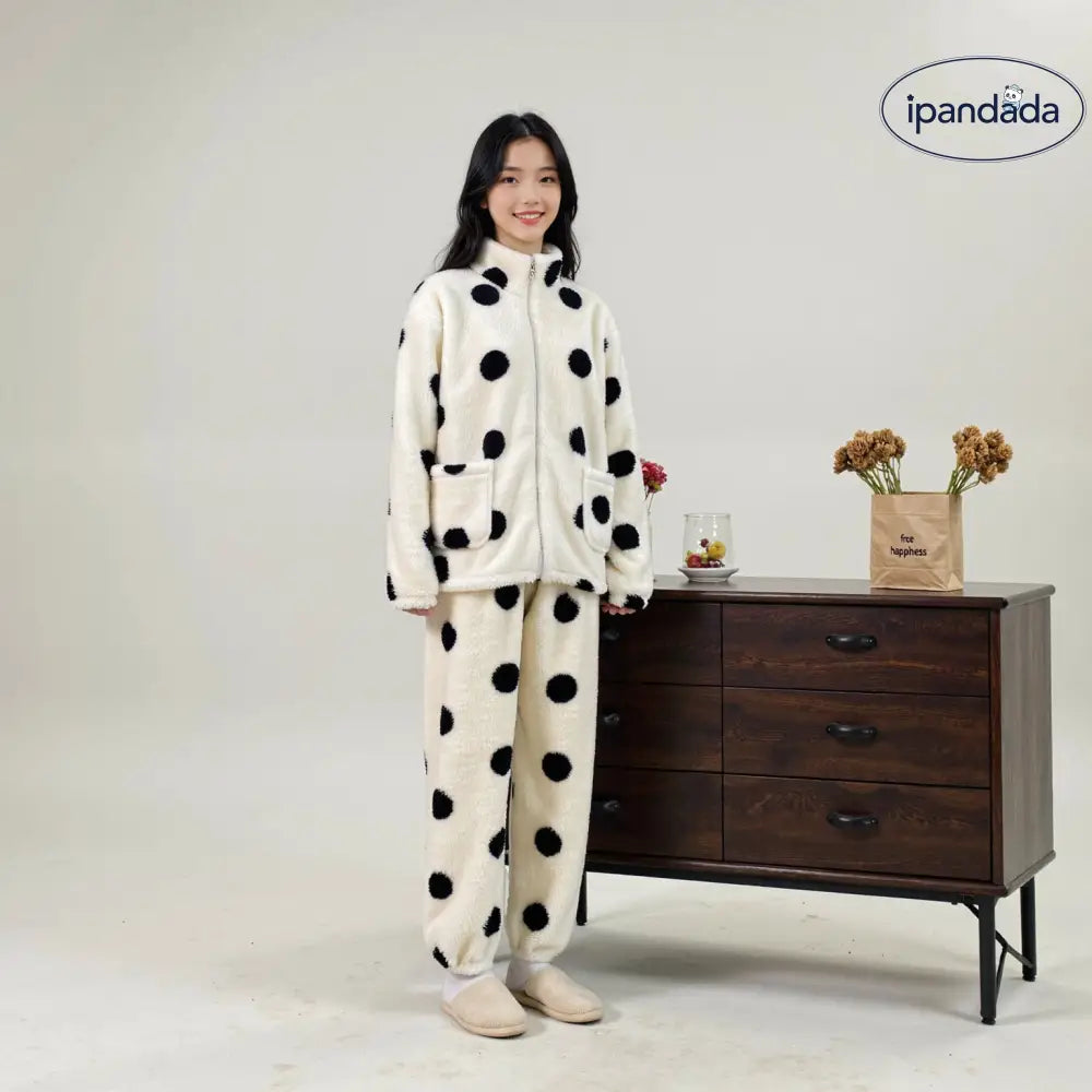 ジッパー パジャマ レディース 秋冬用 コーラルフリース セットアップ ドット柄 ショート丈 2点セット カップル ルームウェア ID2580