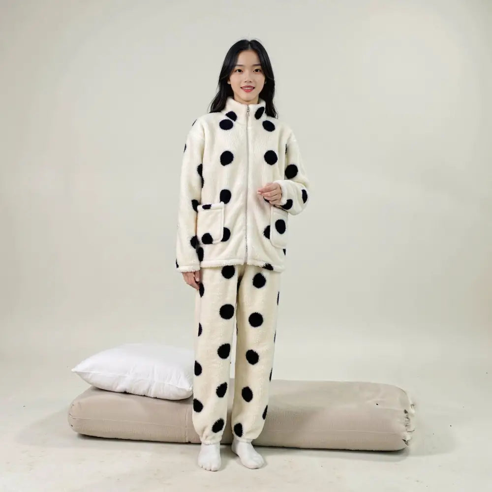 ジッパー パジャマ レディース 秋冬用 コーラルフリース セットアップ ドット柄 ショート丈 2点セット カップル ルームウェア ID2580 写真通り / M