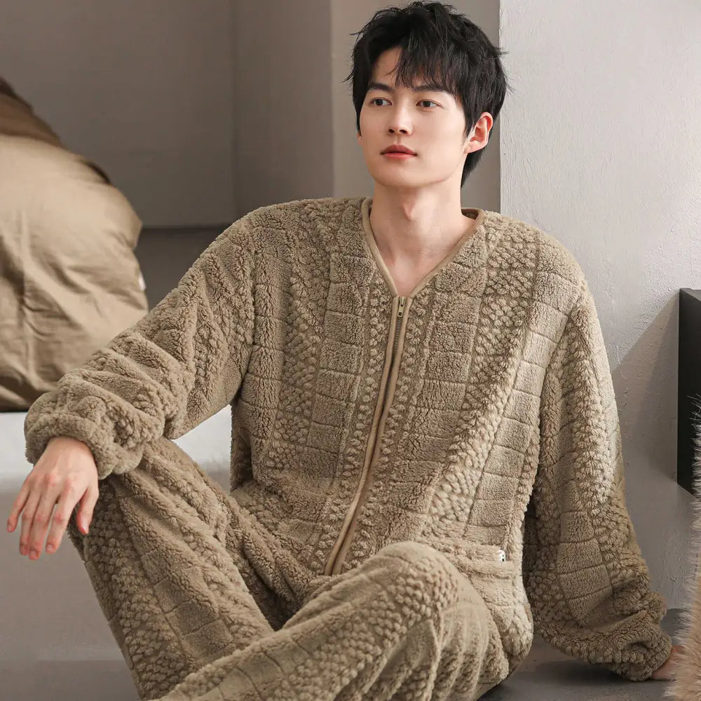 ジップパジャマ メンズ 秋冬 加厚 フリース コーラルフリース ルームウェア 大きいサイズ 保温 冬用 ID2994 ベージュ / L