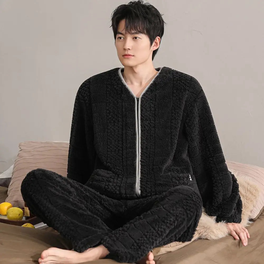 ジップパジャマ メンズ 秋冬 加厚 フリース コーラルフリース ルームウェア 大きいサイズ 保温 冬用 ID2994 ブラック / L