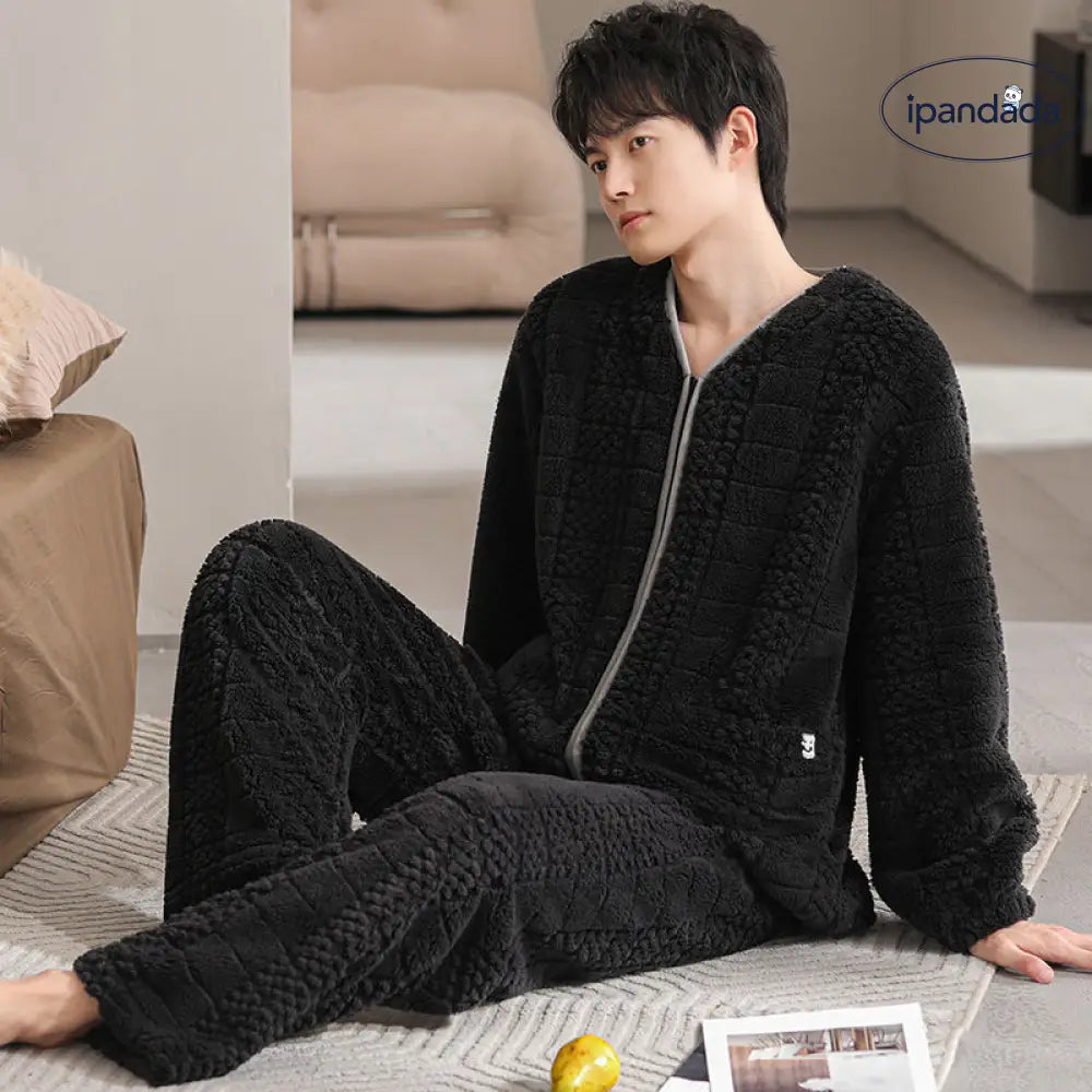 ジップパジャマ メンズ 秋冬 加厚 フリース コーラルフリース ルームウェア 大きいサイズ 保温 冬用 ID2994
