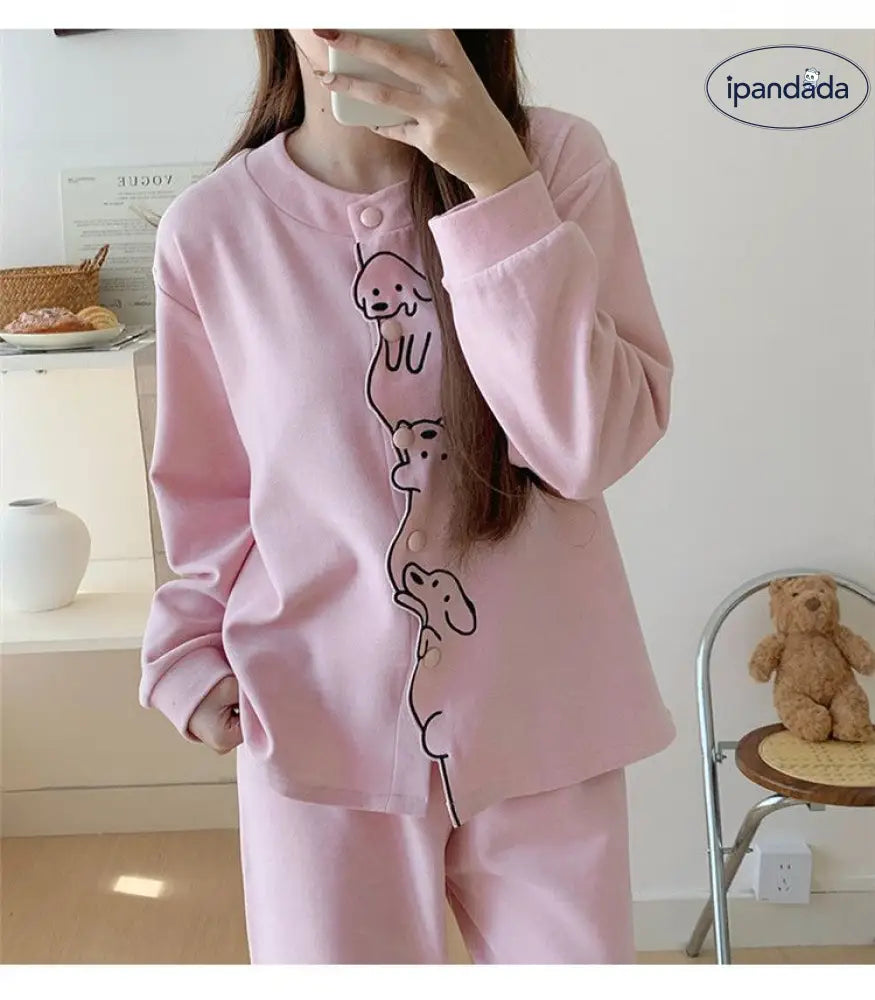 カーディガン パジャマ セット クルーネック 長袖 長ズボン キャラクター ゆったり ティーン あったか ルームウェア 部屋着 かわいい 2点セット ID4109 レディース＞セットアップ
