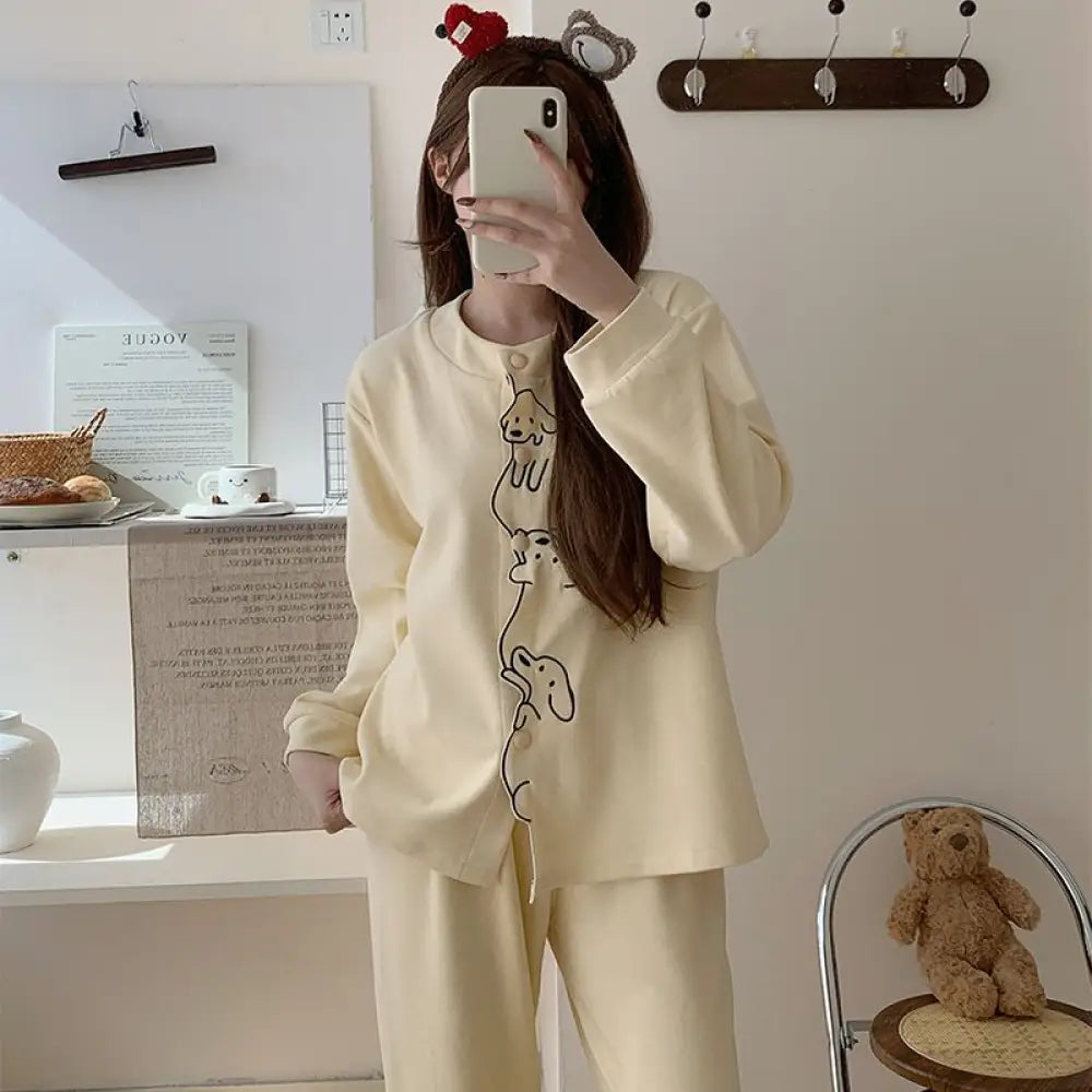 カーディガン パジャマ セット クルーネック 長袖 長ズボン キャラクター ゆったり ティーン あったか ルームウェア 部屋着 かわいい 2点セット ID4109 タイプ② / M レディース＞セットアップ