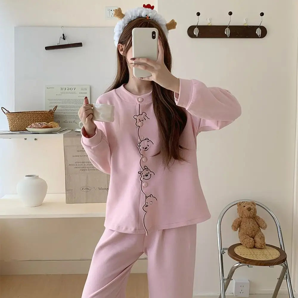 カーディガン パジャマ セット クルーネック 長袖 長ズボン キャラクター ゆったり ティーン あったか ルームウェア 部屋着 かわいい 2点セット ID4109 タイプ③ / M レディース＞セットアップ