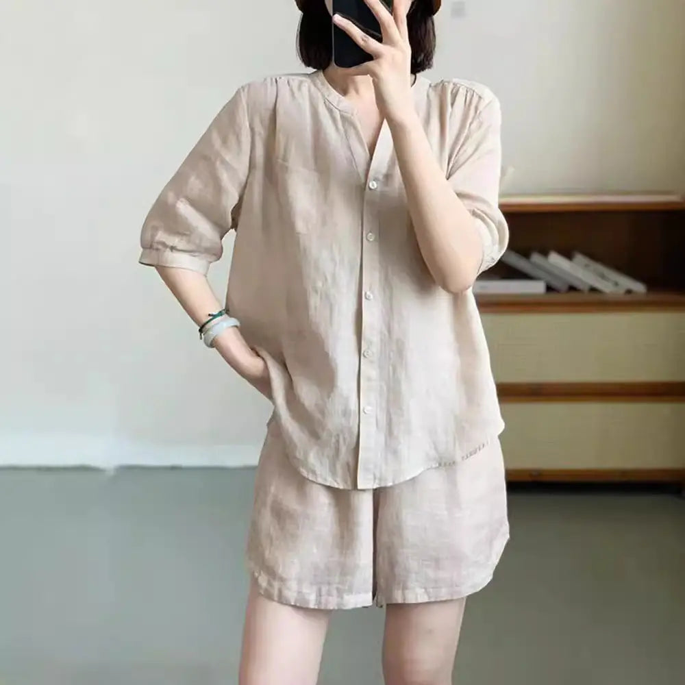 ID1488 カジュアル韓国風 新作 夏季 カジュアル 大きいサイズ リネンコットン ショートパンツセット 単色 シンプル デザイン 気品溢れる ファッション セットアップ レディース アプリコット / S 外出着>セットアップ