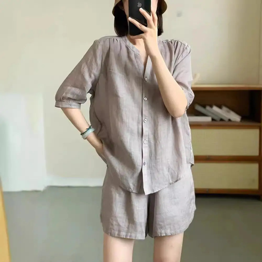 ID1488 カジュアル韓国風 新作 夏季 カジュアル 大きいサイズ リネンコットン ショートパンツセット 単色 シンプル デザイン 気品溢れる ファッション セットアップ レディース グレー / S 外出着>セットアップ