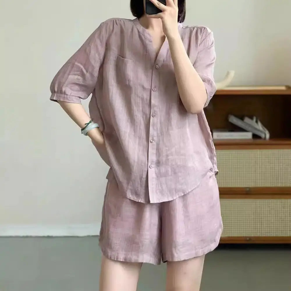 ID1488 カジュアル韓国風 新作 夏季 カジュアル 大きいサイズ リネンコットン ショートパンツセット 単色 シンプル デザイン 気品溢れる ファッション セットアップ レディース パープル / S 外出着>セットアップ