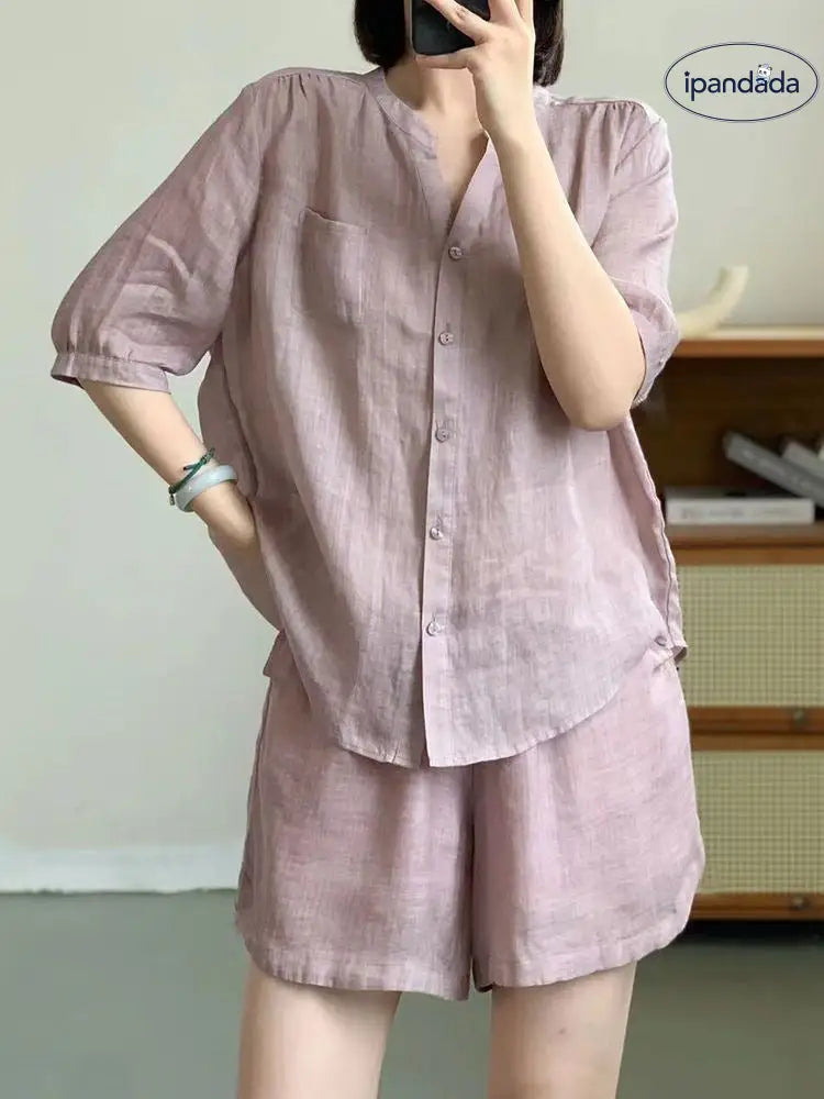 ID1488 カジュアル韓国風 新作 夏季 カジュアル 大きいサイズ リネンコットン ショートパンツセット 単色 シンプル デザイン 気品溢れる ファッション セットアップ レディース