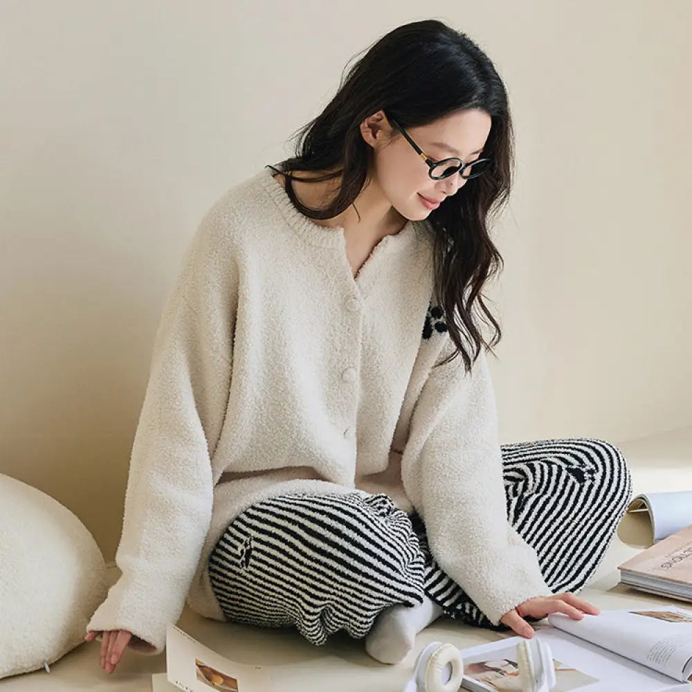 【ギフト】カジュアル カーディガン フリース パジャマ 女性用 かわいい 可愛い 秋 冬 新作 ルームウェア ストライプ ロング パンツ 2点セット ID3772 レディース＞セットアップ