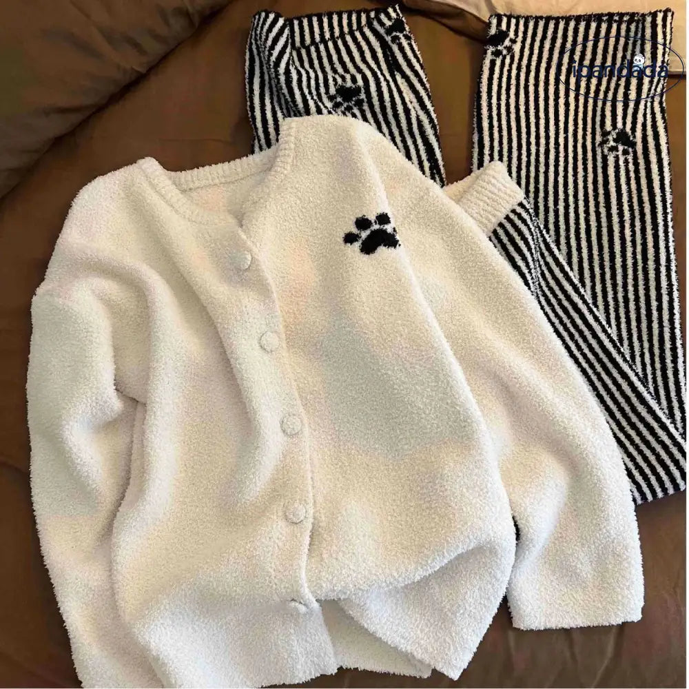 カジュアル カーディガン フリース パジャマ 女性用 秋 冬 新作 ルームウェア ストライプ ロング パンツ 2点セット ID3772