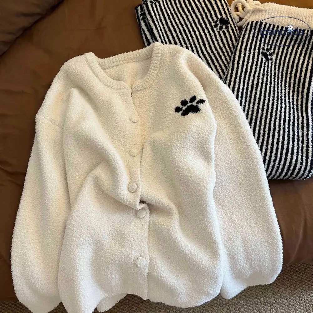 カジュアル カーディガン フリース パジャマ 女性用 秋 冬 新作 ルームウェア ストライプ ロング パンツ 2点セット ID3772