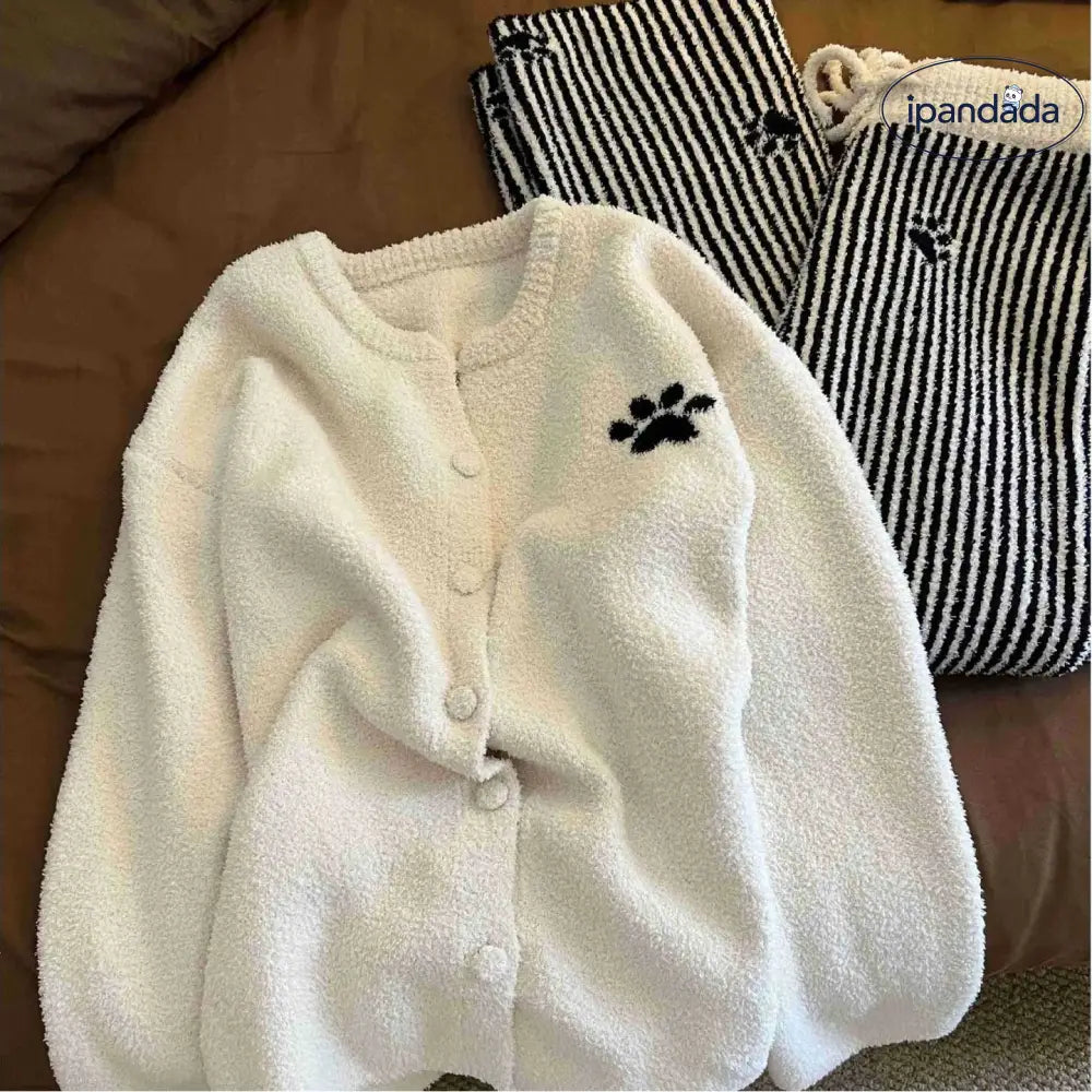 カジュアル カーディガン フリース パジャマ 女性用 秋 冬 新作 ルームウェア ストライプ ロング パンツ 2点セット ID3772