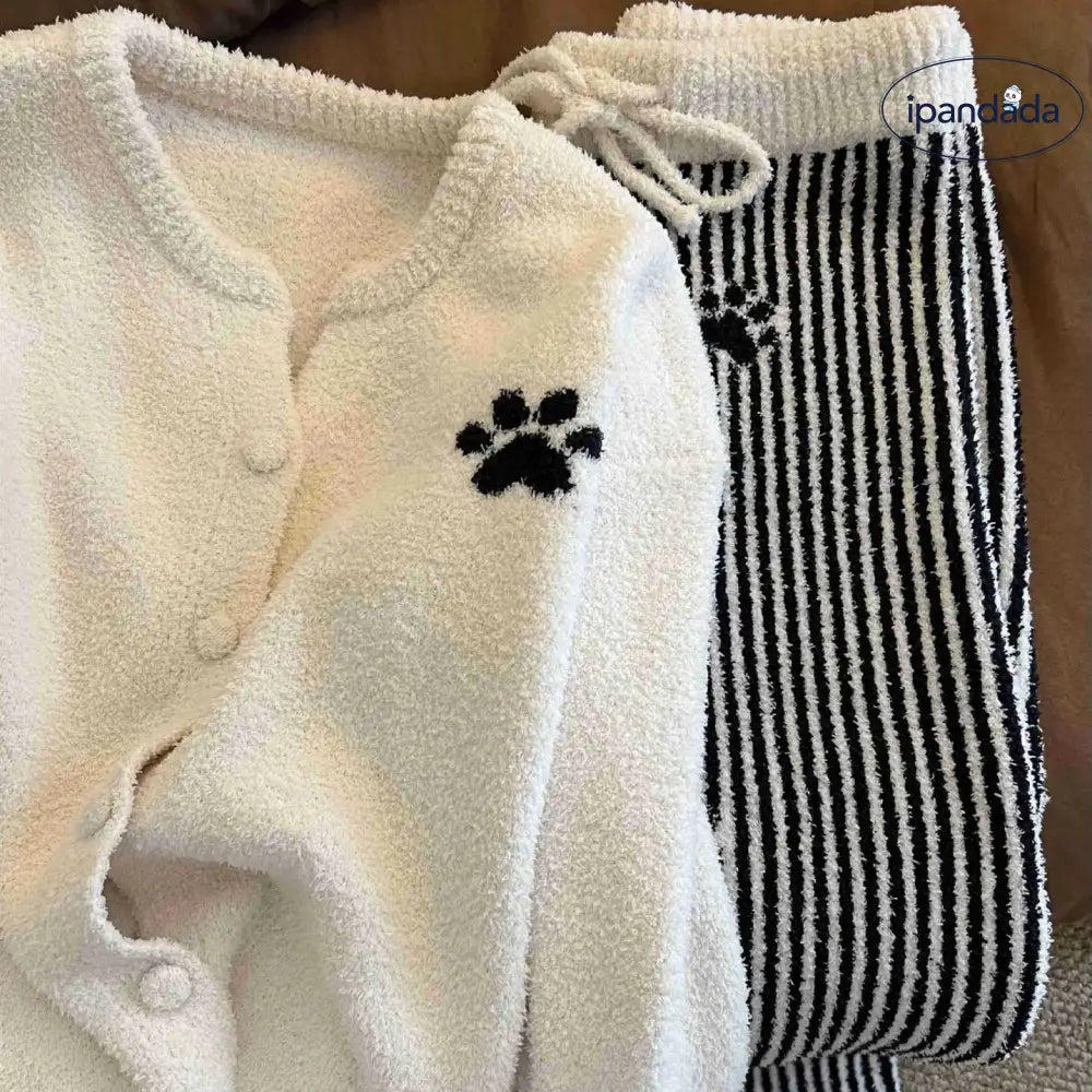 カジュアル カーディガン フリース パジャマ 女性用 秋 冬 新作 ルームウェア ストライプ ロング パンツ 2点セット ID3772