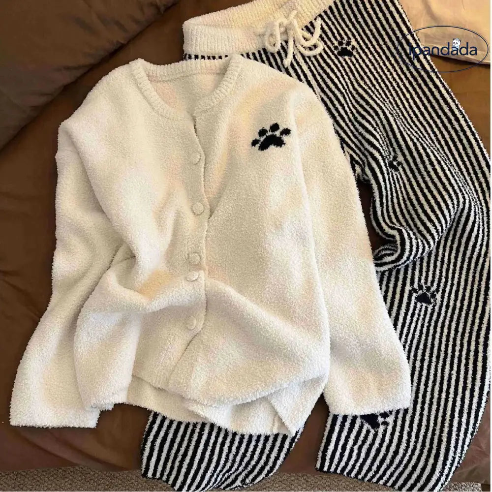 カジュアル カーディガン フリース パジャマ 女性用 秋 冬 新作 ルームウェア ストライプ ロング パンツ 2点セット ID3772