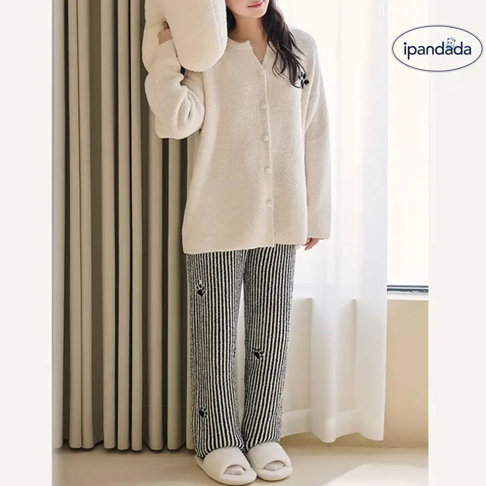 【ギフト】カジュアル カーディガン フリース パジャマ 女性用 かわいい 可愛い 秋 冬 新作 ルームウェア ストライプ ロング パンツ 2点セット ID3772 レディース＞セットアップ