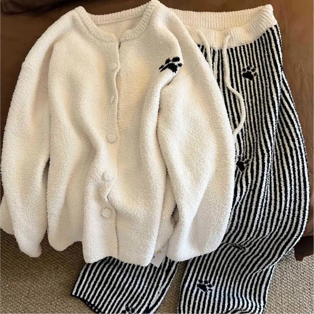 カジュアル カーディガン フリース パジャマ 女性用 秋 冬 新作 ルームウェア ストライプ ロング パンツ 2点セット ID3772 写真通り / S