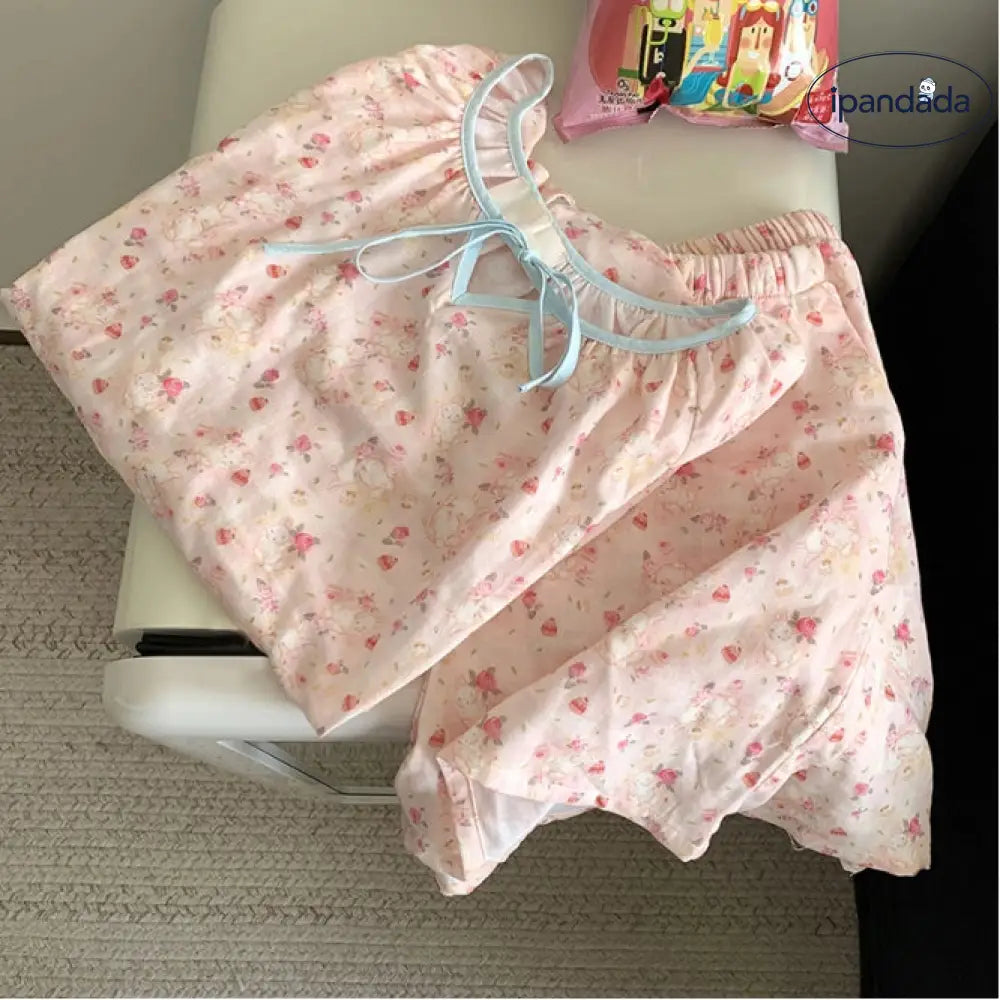 ID1432 カントリー花柄 リボンタイ パジャマセット レディース 夏用 半袖＆ショートパンツ ゆったり 快適 ルームウェア