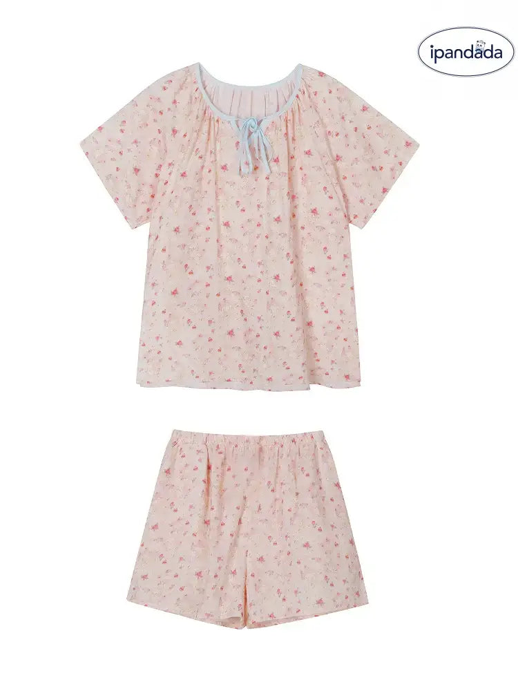 ID1432 カントリー花柄 リボンタイ パジャマセット レディース 夏用 半袖＆ショートパンツ ゆったり 快適 ルームウェア