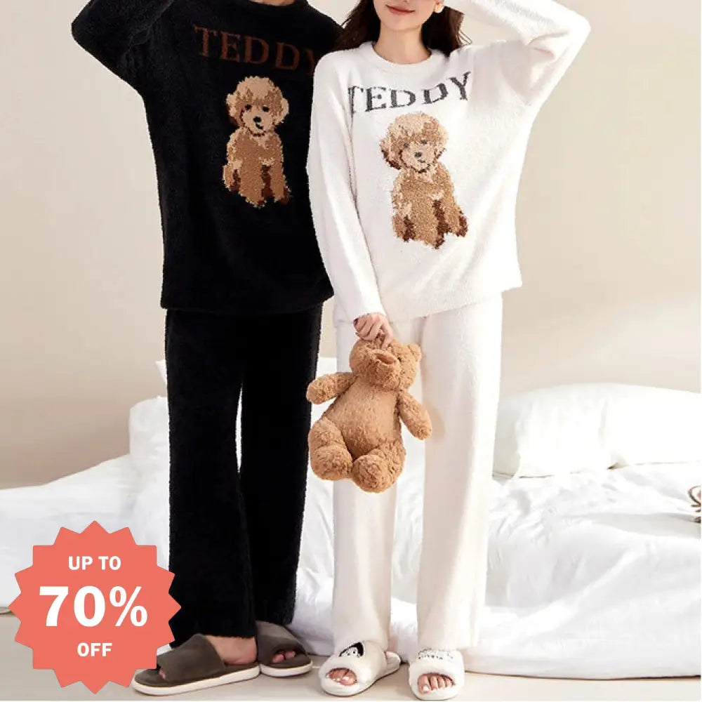 カップル フリース パジャマ 女性用 秋冬 保温 長袖 くま柄 プルオーバー 高伸縮 加厚 レディース ルームウェア 外出可能 ID2363