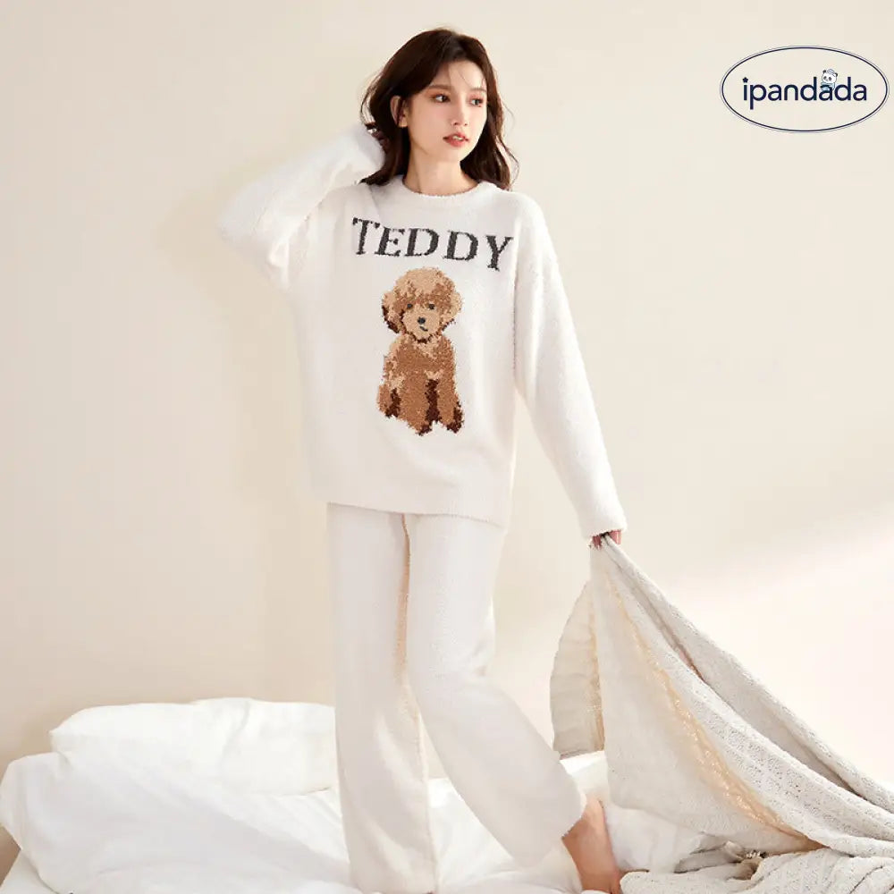 カップル フリース パジャマ 女性用 秋冬 保温 長袖 くま柄 プルオーバー 高伸縮 加厚 レディース ルームウェア 外出可能 ID2363