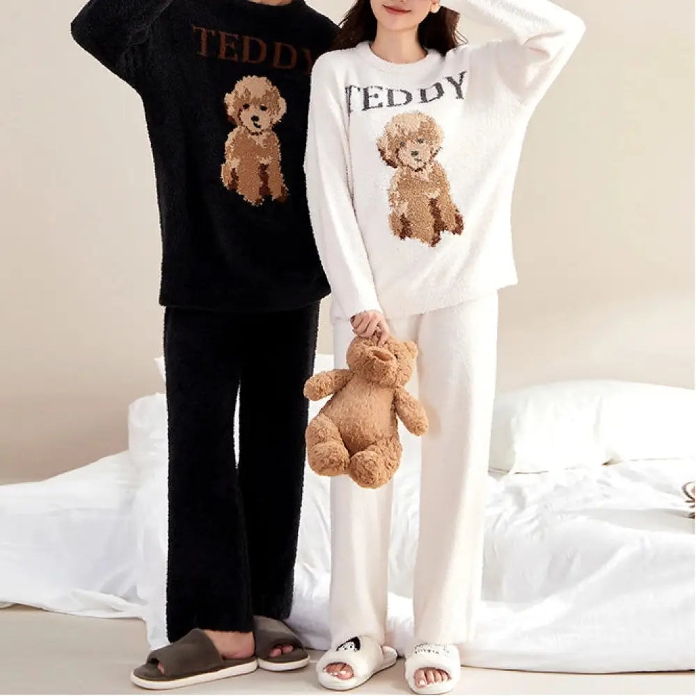 カップル フリース パジャマ 女性用 秋冬 保温 長袖 くま柄 プルオーバー 高伸縮 加厚 レディース ルームウェア 外出可能 ID2363