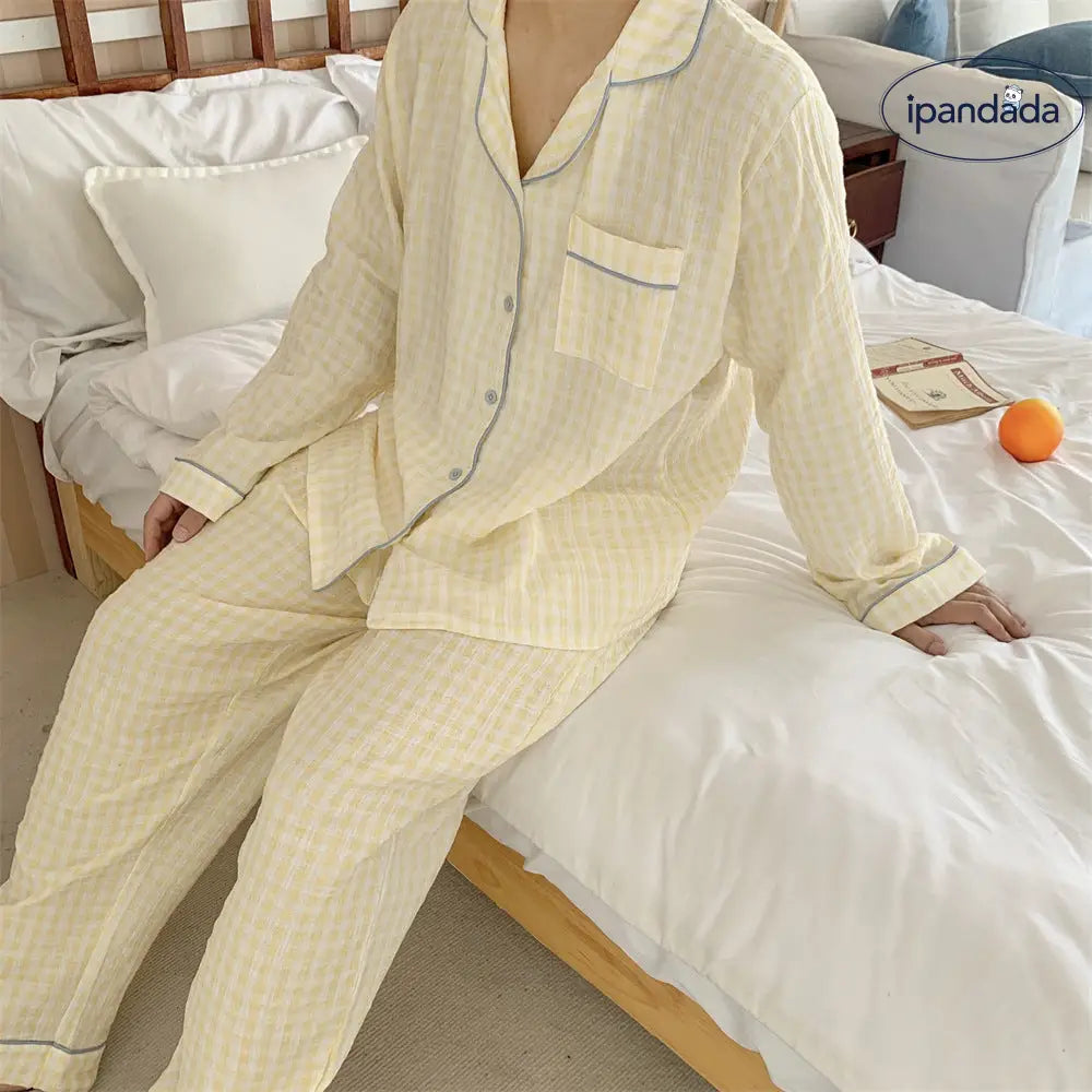 カップル ガーゼ パジャマ セット 韓国風 インスタ風 チェック 長袖 ゆったり ルームウェア お揃い 2点セット ID4091