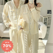 カップル ガーゼ パジャマ セット 韓国風 インスタ風 チェック 長袖 ゆったり ルームウェア お揃い 2点セット ID4091