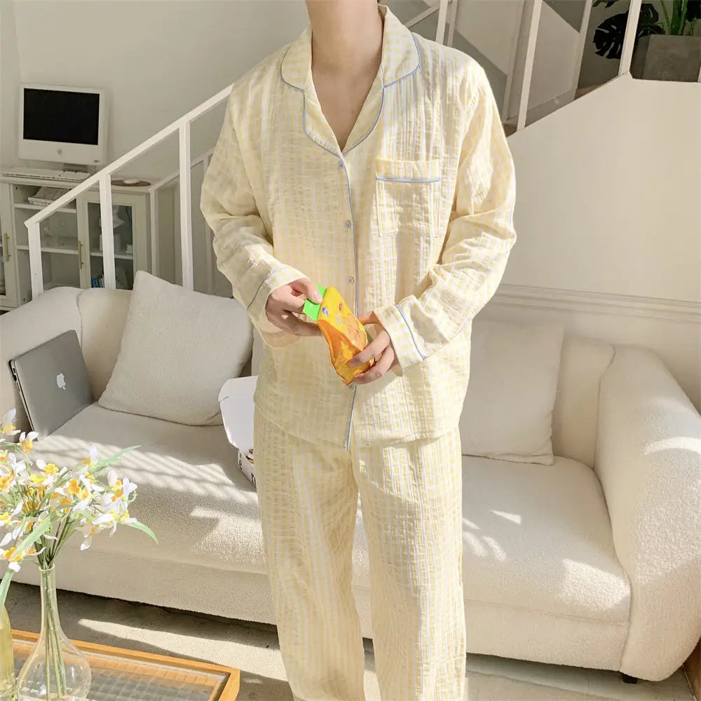 カップル ガーゼ パジャマ セット 韓国風 インスタ風 チェック 長袖 ゆったり ルームウェア お揃い 2点セット ID4091 写真通り / 男性用フリー