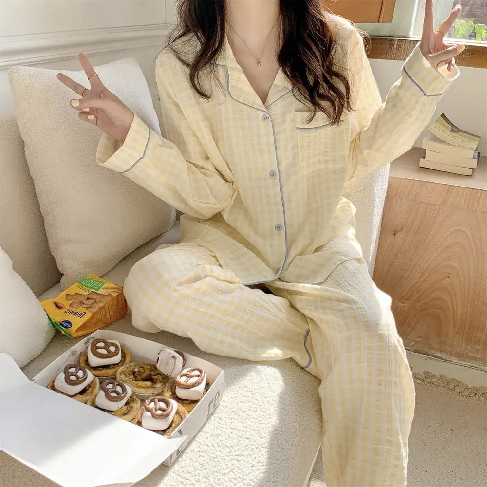 カップル ガーゼ パジャマ セット 韓国風 インスタ風 チェック 長袖 ゆったり ルームウェア お揃い 2点セット ID4091 写真通り / 女性用フリー