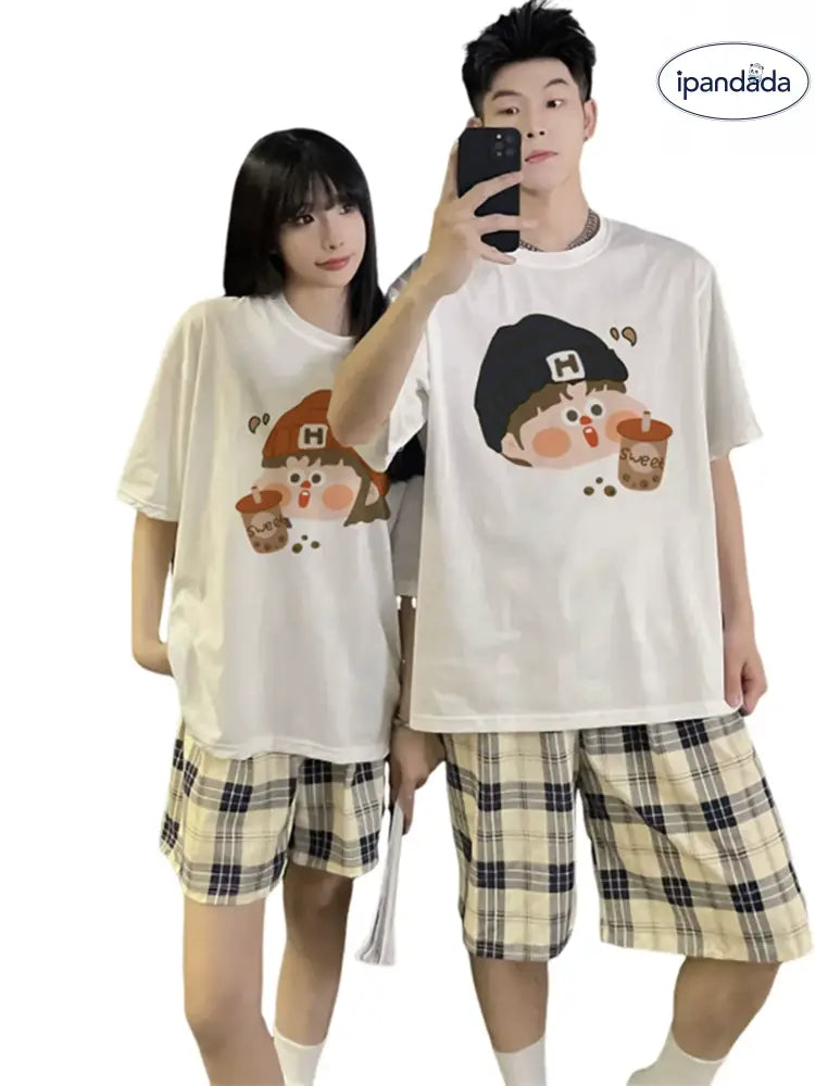 ID1721 カップル 綿 パジャマセットおそろい 半袖トップス＆ショートパンツ ゆったり 薄手 おもしろデザイン 家居着