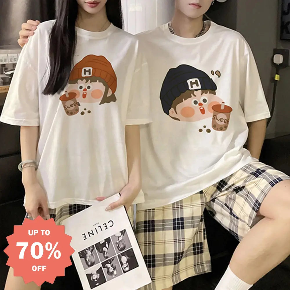 ID1721 カップル 綿 パジャマセットおそろい 半袖トップス＆ショートパンツ ゆったり 薄手 おもしろデザイン 家居着