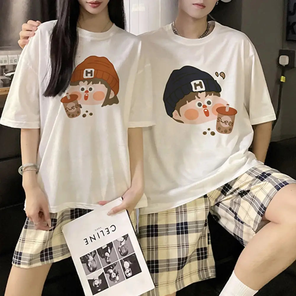 ID1721 カップル 綿 パジャマセットおそろい 半袖トップス＆ショートパンツ ゆったり 薄手 おもしろデザイン 家居着