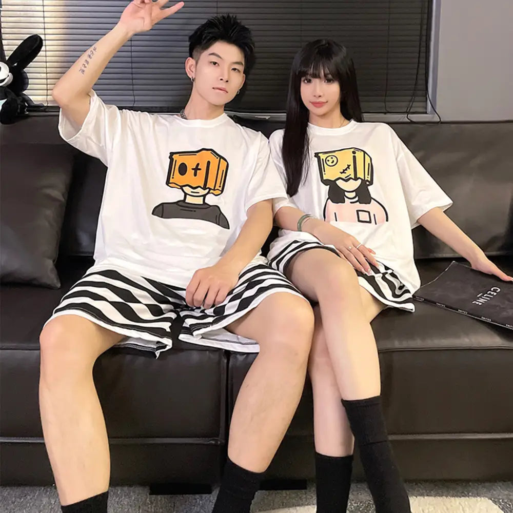 ID1721 カップル 綿 パジャマセットおそろい 半袖トップス＆ショートパンツ ゆったり 薄手 おもしろデザイン 家居着 タイプ② / レディースＭ カップル>セットアップ