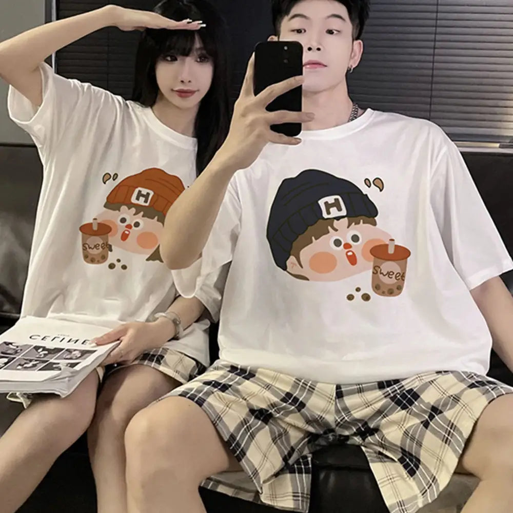 ID1721 カップル 綿 パジャマセットおそろい 半袖トップス＆ショートパンツ ゆったり 薄手 おもしろデザイン 家居着 タイプ① / レディースＭ カップル>セットアップ
