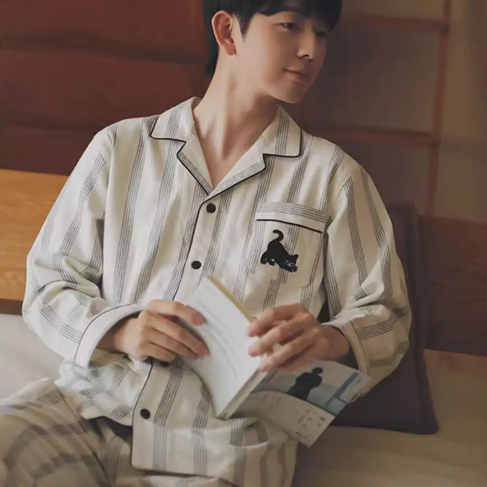 カップル 綿100％ ファッション パジャマ 部屋着 春秋 長袖 ホーム 上下セット ナイトウェア 寝間着 吸湿 通気 ホワイト（メンズ ） / S カップル＞セットアップ