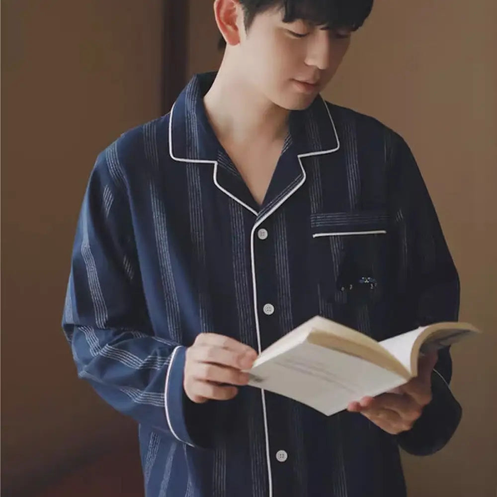 カップル 綿100％ ファッション パジャマ 部屋着 春秋 長袖 ホーム 上下セット ナイトウェア 寝間着 吸湿 通気 ネイビー（メンズ ） / S カップル＞セットアップ