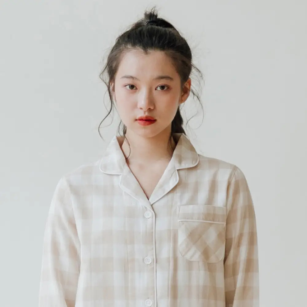 カップル 綿100％ パジャマ メンズ レディース 部屋着 長袖 前開き 秋 春 ギフト ルームウェア 可愛い チェック ストライプ コットン素材 春 ベージュ / レディースS カップル＞セットアップ