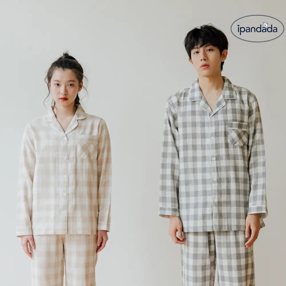 カップル 綿100％ パジャマ メンズ レディース 部屋着 長袖 前開き 秋 春 ギフト ルームウェア 可愛い チェック ストライプ コットン素材 春 カップル＞セットアップ